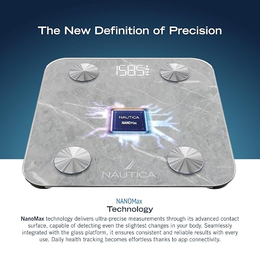 Nautica Body Tracker Digital Bathroom Scale, Bluetooth-Enabled Smart Scale with BMI, Body Fat, Muscle Mass Tracking & More, Syncs with Smartphone App for Body Composition Tracking, 396 Lbs.
