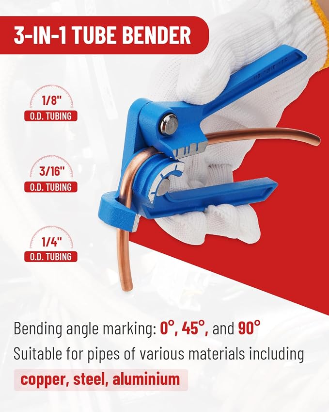25 ft 3/16in &1/4in Copper Coated Brake Line Flaring Tool Kit, Includes 3-in-1 Tube Bender, Double & Single Flaring Tool Set, 1 Tube Cutter, 4 Threads Unions, 40 Fittings