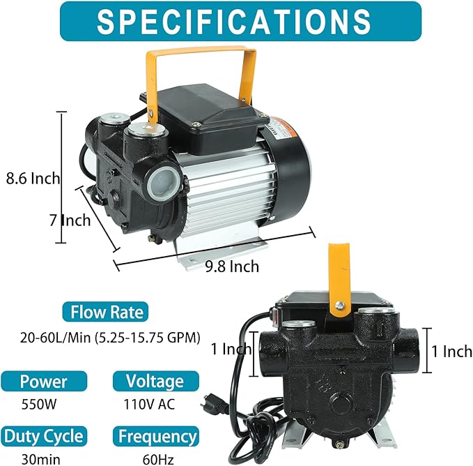 110V AC 550W Self Priming Electric Transfer Pump, 60L/min Oil Transfer Pump Fuel Diesel Kerosene Biodiesel Pumps For Vehicles, Construction Sites, Farms