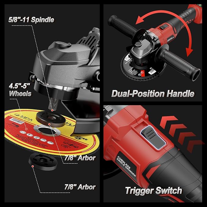 Cordless Angle Grinder Compatible with Milwaukee 18V Battery(NO Battery), 3 Variable Speed Brushless Motor Up to 8500 RPM, 4 1/2 Angle Grinder for Metal Grinding, Polishing, Cutting, 5/8"-11 Spindle