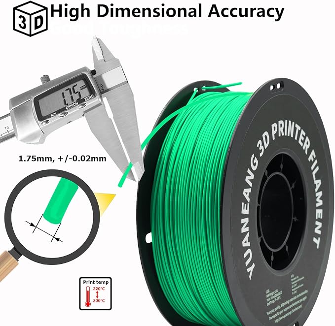 ABS 3D Printer Filament 1.75mm Green, 1kg Spool, Strong & Durable ABS Material, High Heat Resistance, Low Warping, ±0.03mm Precision, Ideal for Functional Parts, Prototypes