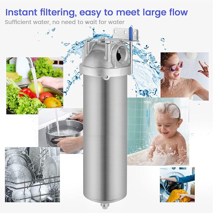 NSF/ANSI 42 Stainless Steel Whole House Water Filter Housing, 10" x 2.5" Sediment Water Filter System for Heavy Duty, Well & City Water, 1" NPT Port, Drain Valve Style C(Square Head)