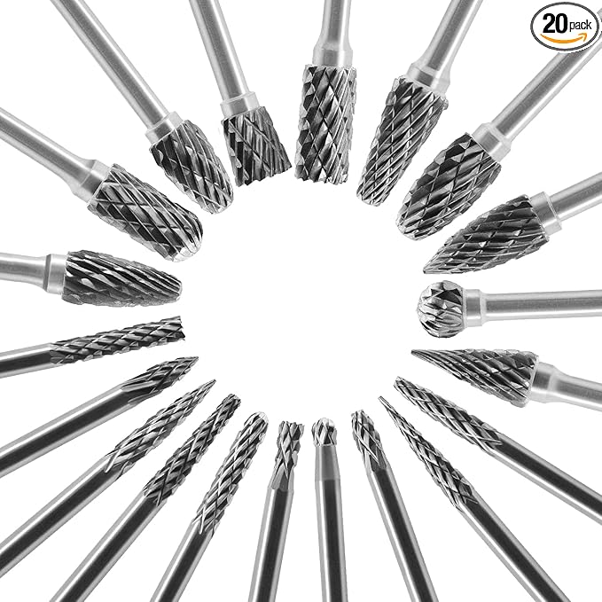 Tungsten Carbide Burr Set 1/8 (3 mm) Shank, Die Grinder Bits, 20 PC Cutting Burr Bits for Dremel, Double Cut Rotary Burr Set for Metall Carving, Engraving, Drilling, Polishing