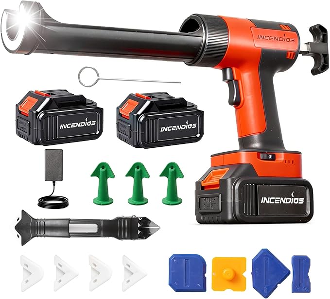 Cordless Caulking Gun w/2 x 3.0Ah Batteries, 800kg Thrust Max Electric Caulk Gun, 6-Speed, 10oz/300ml, 13Pcs Caulk Remover Tool, Led Light, Auto-Retract Anti-Drip for Sealing, Filling, Repairing