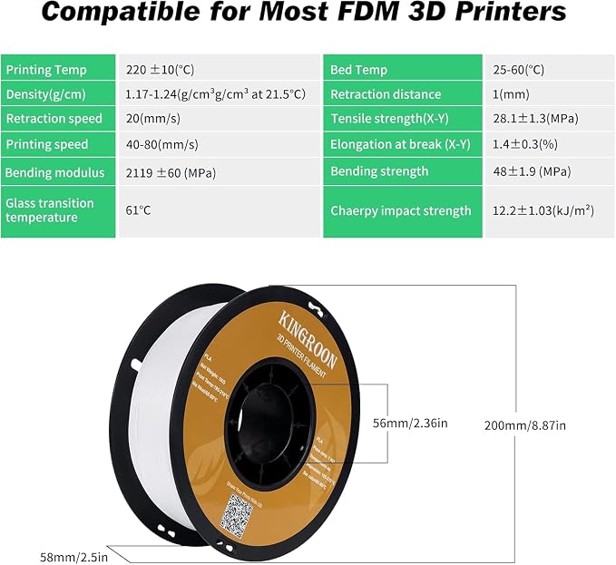 Kingroon PLA 3D Printer Filament,10 Rolls, Dimensional Accuracy +/- 0.02 mm, 10kg Spool(22lbs), 1.75 mm，White