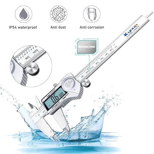 Kynup Digital Caliper 6 Inch Measuring Tool, Professional Stainless Steel Electronic Micrometer with Large LCD Screen, Vernier Caliper, Inch Metric Fraction Conversion, Auto-Off, IP54 Splash Proof
