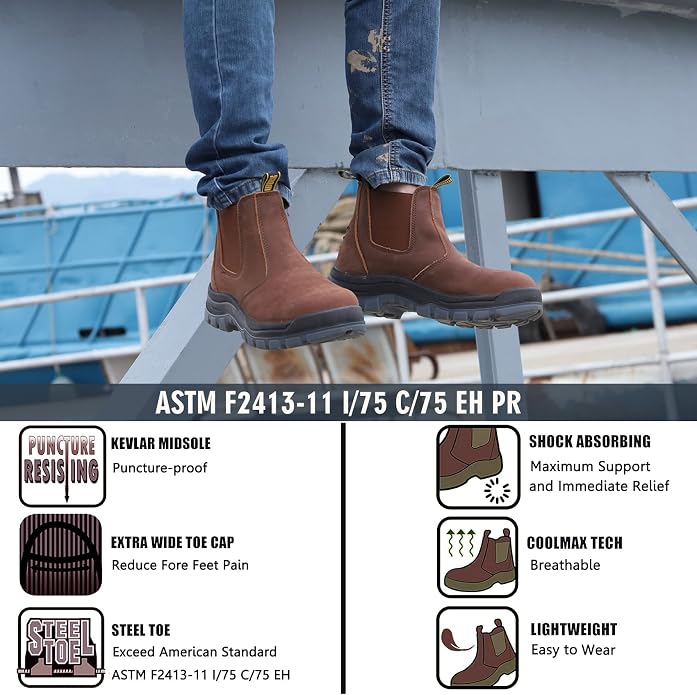 DIIG Work Boots for Men, Steel Toe Waterproof Working Boots, Slip Resistant Anti-Static Slip-on Safety Working Shoes 8 9 10 11 12 13 (CRZ/822EE, 9)