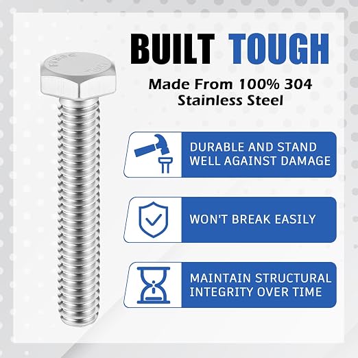 Zonon 50 Pcs 1/4-20 x 1-1/2" Hex Head Screw Bolt 18-8 (304) Stainless Steel Hexagon Bolts, Fully Threaded, Plain Finish, External Hex Drive (Silver)