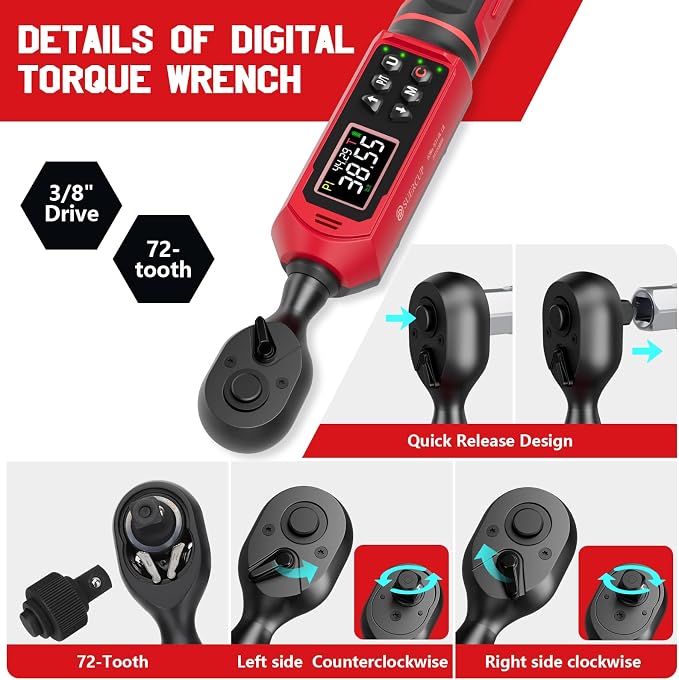 SUERCUP 3/8" Digital Torque Wrench (0.66-44.29Ft.Lb/0.9-60N.m) | ±1% Accuracy with Vibration/Buzzer/LED Alerts, 9 Presets & 5 Units, for Moto Engine/Brake, Car Spark Plug & Oil Drain Repair
