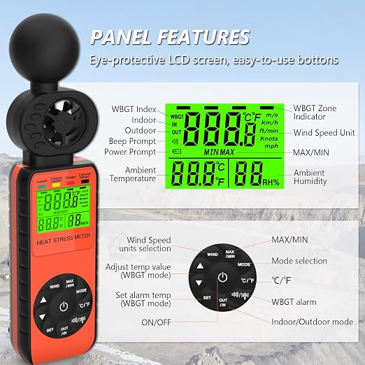 [2 PCS] Wind Speed & Heat Stress WBGT Meter, Digital Handheld Anemometer, Wind Speed Gauges with Temperature Humidity for Outdoor Workers, Iron and Steel Foundries, Drone Flying, HOLDPEAK HP-881W