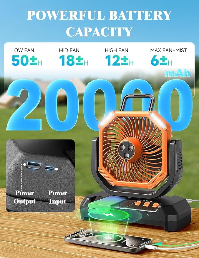 Portable Misting Fan for Outdoors Patios, 20000mAh Rechargeable, 6L Quiet Air Cooling with Remote, 4 Speeds, Spray, 30 dB Camping Fan for Bedroom, Office (Orange)