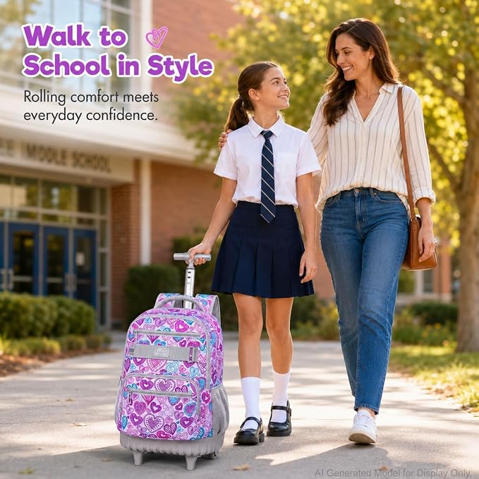 3Pcs Rolling Backpack for Girls Women, Travel Roller Backpacks with Wheels for Adults, Teens College Love Wheeled Bookbag with Lunch Box(Ash Powder)