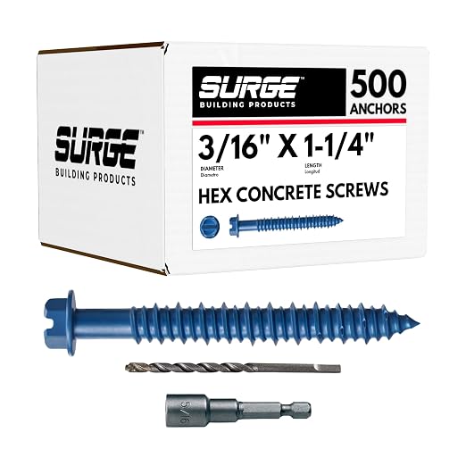 3/16" x 1-1/4" Hex Head Blue Concrete Screw Anchor with Drill Bit & Driver (Box of 500) | Masonry Screws for Concrete, Block, and Brick