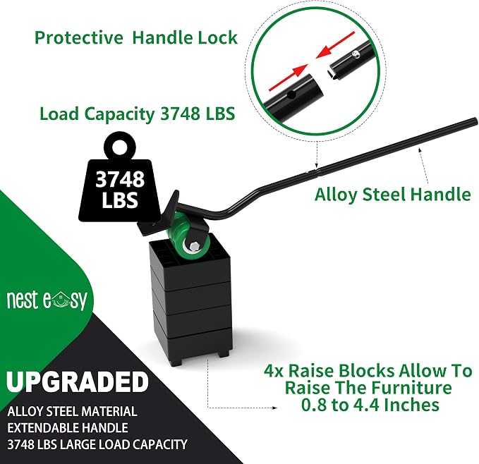 NEST EASY Upgraded Heavy Duty Furniture Dolly 360° Rotating 5 Wheels, Alloy Steel Furniture Movers Up to 3748 lbs/1700 Kg Load Capacity with Measure Tape and Leveler (6.9x6.5 in)