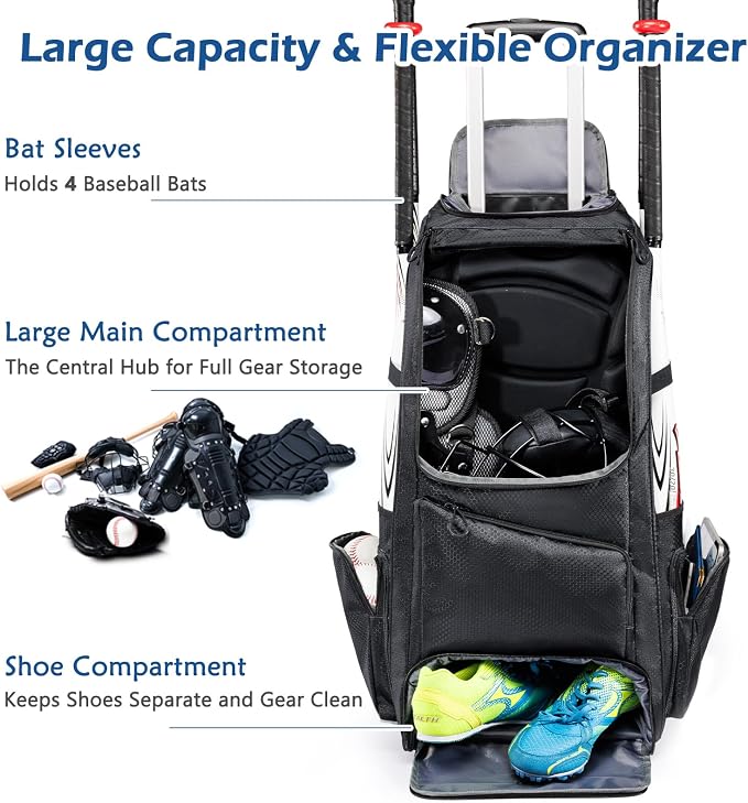 Large Rolling Baseball Catchers Gear Bag with Wheels, Softball Bag with Hard Backing for 4 Bats,Equipment Bag with Separate Shoe & Helmet Compartments, Youth Baseball Bag with 360° Spinner Wheels
