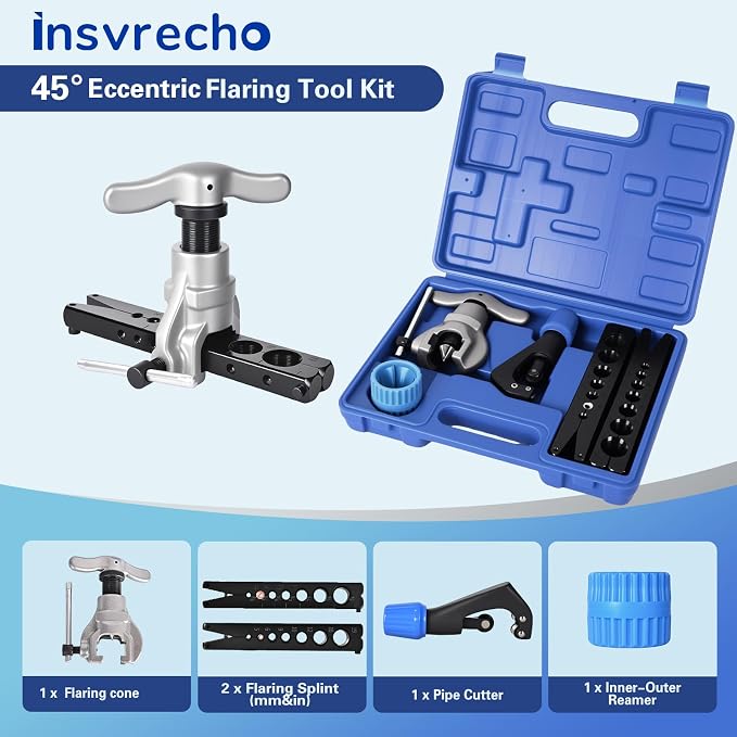 Eccentric Flaring Tool Kit 45° Single Flare Tool for 1/4 to 3/4 Inch Metric 5-19mm O.D. Copper Aluminum Thin Steel Tubings 2 Flaring Bar for 14 Dies Sizes HVAC with Reamer & Tube Cutter