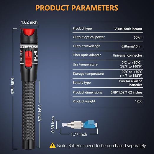 Visual Fault Locator 50KM - VFL Fiber Optic Tester Kit with Universal 2.5mm Connector, Includes FC to LC Adapter, Compatible Single Mode 9/125um & Multimode, Fiber Light & Laser for CATV Telecom
