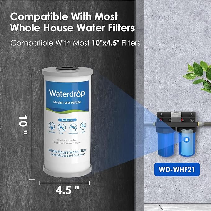 Waterdrop WF10F Whole House Water Filter, Compatible with WHF21-FG, Ispring, GE®, Any 10" x 4.5" System, Iron and Sediment Filter, Reduces Manganese, 5 Micron