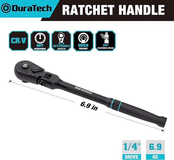 DURATECH 1/4-Inch Drive Flex-Head Ratchet, 90-Tooth Quick-Release Ratchet Wrench with 180° Pivoting Head and 7-Position Setting, Reversible, CR-V Made, CR-MO Head, 4° Swing, Black Mn Phosphate Finish