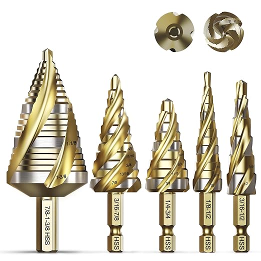 Four Spiral Flute Step Drill Bit Set, 5PCS 1/8"-1-3/8" (59 Sizes) High-Speed Steel Unibit Step Bits with 1/4" and 3/8" Hex Shank for Metal Stainless Steel Aluminum Wood Plastic
