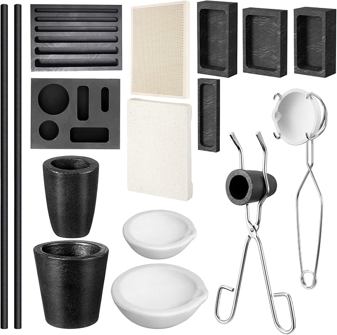 16 Pcs Graphite Torch Melting Casting Kit, Includes 2 Graphite Crucibles for Melting Metal, 2 Stir Stick, 6 Casting Mold, 2 Soldering Block, 2 Quartz Crucible, 2 Tongs