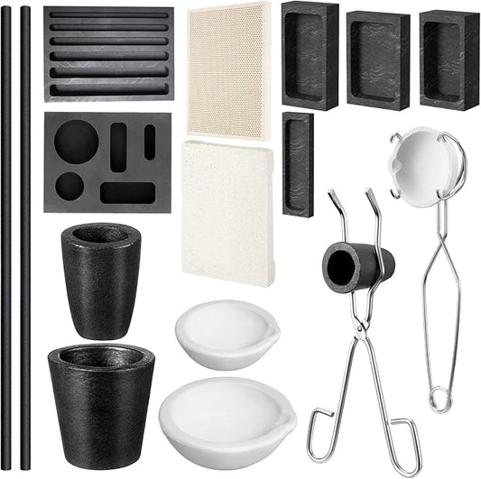 16 Pcs Graphite Torch Melting Casting Kit, Includes 2 Graphite Crucibles for Melting Metal, 2 Stir Stick, 6 Casting Mold, 2 Soldering Block, 2 Quartz Crucible, 2 Tongs