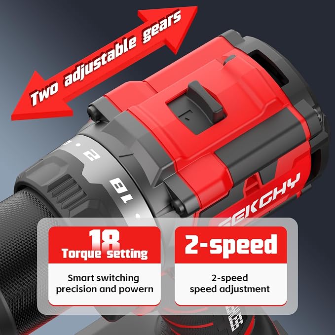 Brushless Power Drill Cordless，with battery and charger 70 N.m | 20V Electric drill cordless set 10 batches and storage bag 13 twist drills and storage bag，18+1 Position & 2100 RPM