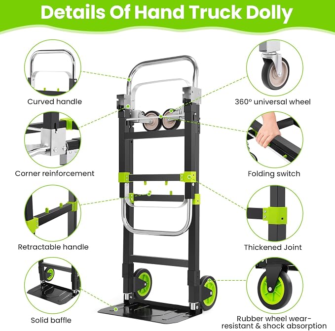 3-in-1 Convertible Heavy Duty Folding Hand Truck Dolly, 600LB Capacity with Rubber& Wheels Telescoping Handles, Portable Collapsible Cart for Warehouse, Supermarket, Office (Green)