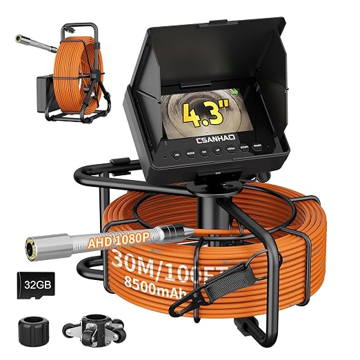 Sewer Camera 100FT/30M Pipe Inspection Borescope Endoscope Camera with Light 12 LEDs 4.3" IPS Screen 32GB Card Plumbing Snake 23MM with 8500Mah Battery (30M with DVR)