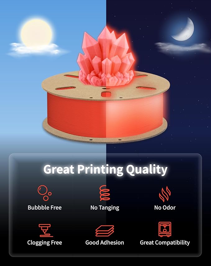 DURAMIC 3D PLA Glow in The Dark Filament Luminous Neatly Wound 1.75mm 1Kg | 3D Printing Filament 1.75mm Dimensional Accuracy +/- 0.02 mm, Fit Most FDM 3D Printers Red to Glow Red