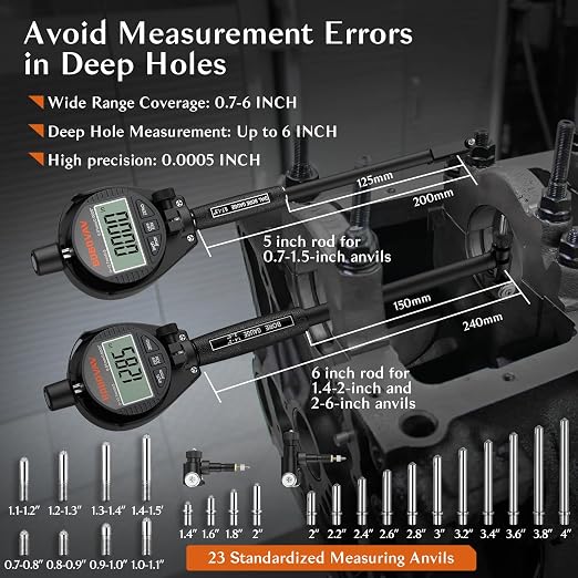Digital Dial Bore Gauge Set - 0.7-6 Inch Range, 0.0005" Precision, No Disassembly for Measurement, 23pcs Anvils, Self-Centering for Industrial Manufacturing and Deep Cylinder Measurement