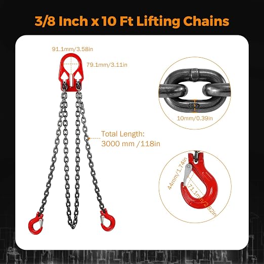 BEAMNOVA Lifting Chains with Adjuster Hooks, 3/8 Inch x 10 Ft, 7100lbs / 3.22 Tons, Heavy Duty Chain Slings for Engine Hoist, 2 Legs, Industrial Grab Hook