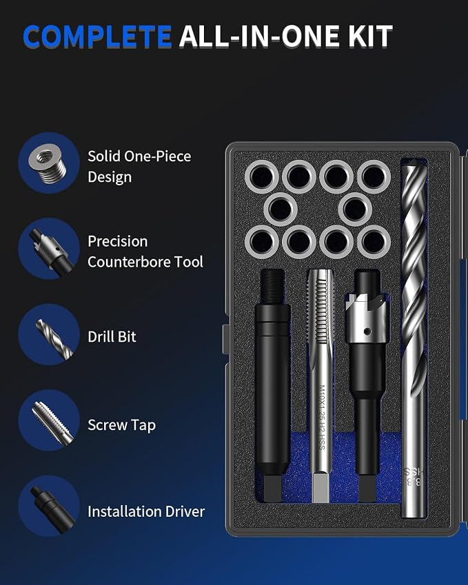M8 x 1.25 Metric Thread Repair Kit, with HSS Drill Bit, Tap, Counterbore & Installation Driver, M8 x 1.25 Solid 304 Stainless Steel Inserts (10 Pcs, 9.4 mm Length)