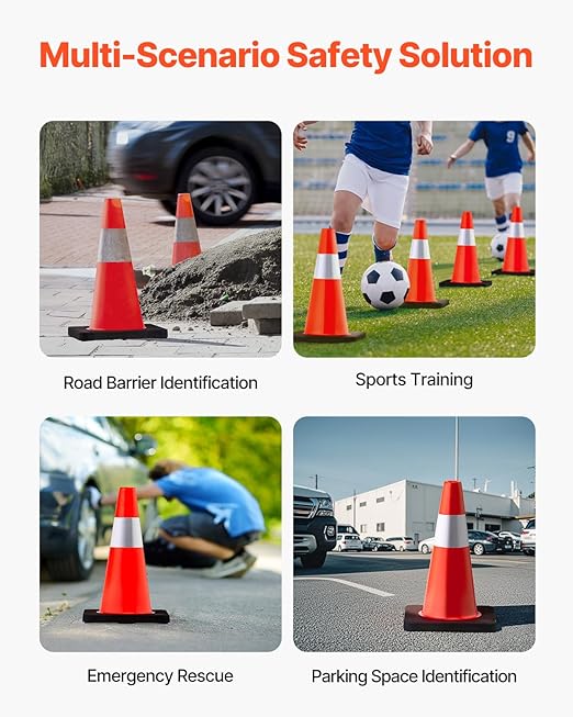 VEVOR Safety Cones, 5 Pack 18" Traffic Cones, PVC Orange Construction Cones with Reflective Collars and Black Weighted Base, for Traffic Control, Driveway Road Parking and School Improvement
