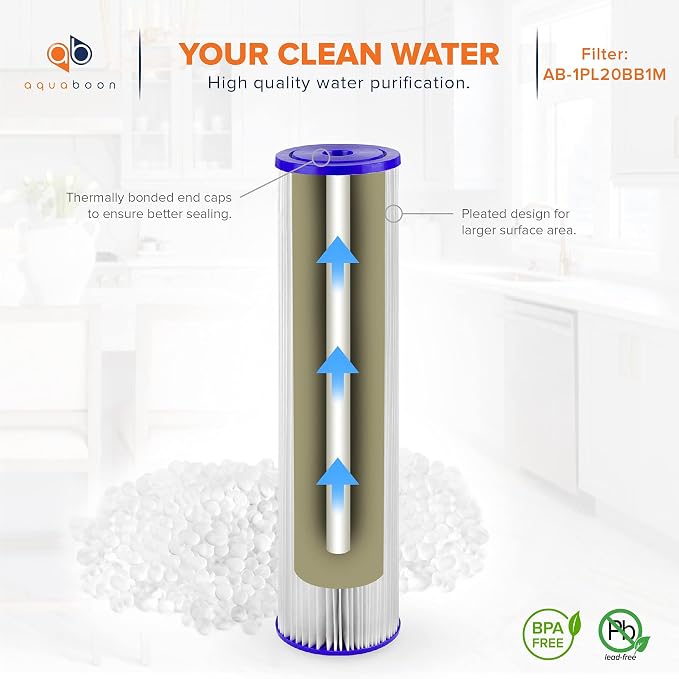 Aquaboon 1 Micron Whole House Pleated Sediment Water Filter Cartridge 20x4.5 Well Filter Replacement Compatible with ECP5-20BB, SPC-45-1005, 6 Pack