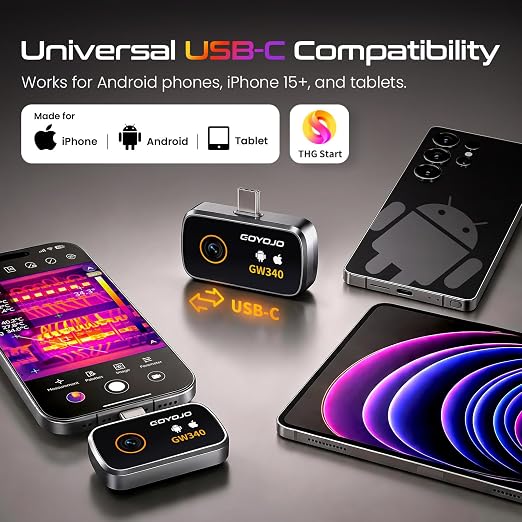 GW340 Thermal Camera for iPhone/Android/Tablet, 512x384 Super IR Resolution, Thermal Imager iOS 17/16/15 Series & iPads USB-C Port, 256x192 IR Resolution Home Inspection, HVAC, Automotive -4°F~752°F