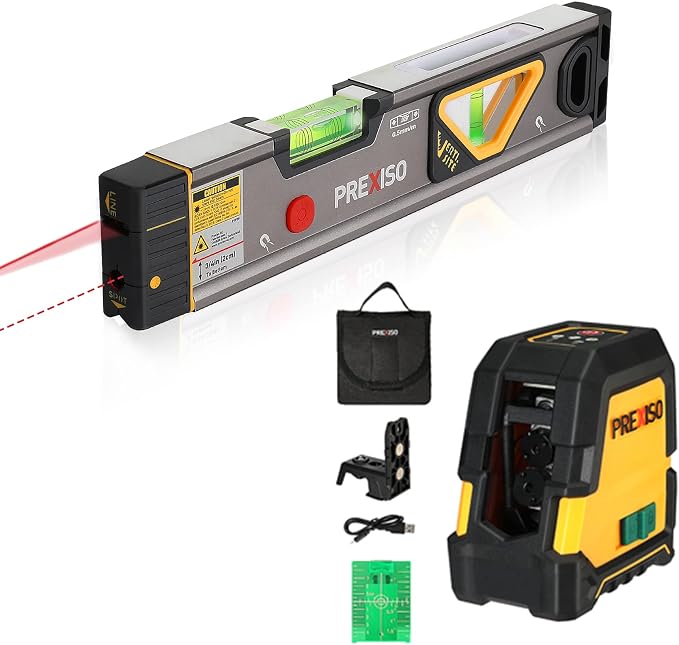 PREXISO 100Ft Rechargeable Laser Level Dual Modules & PREXISO 2-in-1 Laser Level Spirit Level with LED Lights, 100Ft Point & 30Ft Line