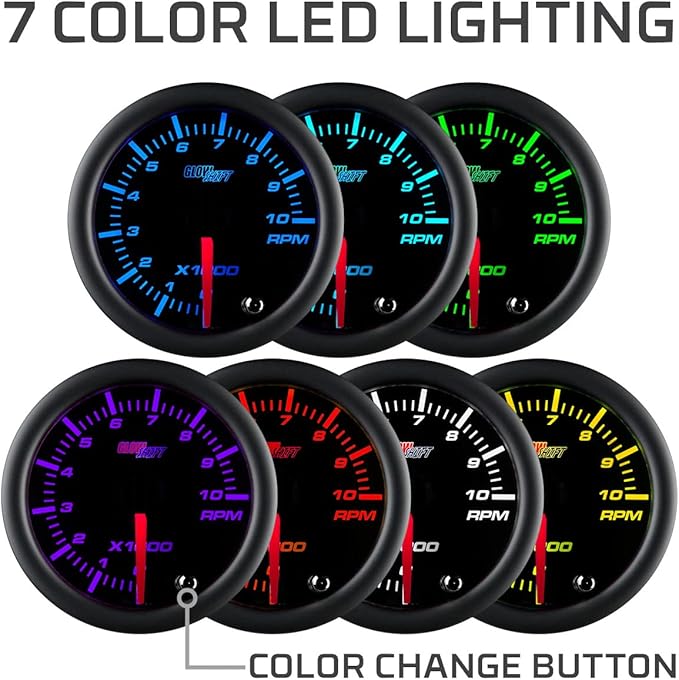 GlowShift Tinted 7 Color 10,000 RPM Tachometer Tach Gauge - for 1-10 Cylinder Gas Powered Vehicle Engines - Includes Wiring - Multi-Color Display - Black Dial - Smoked Lens - 2-1/16" 52mm