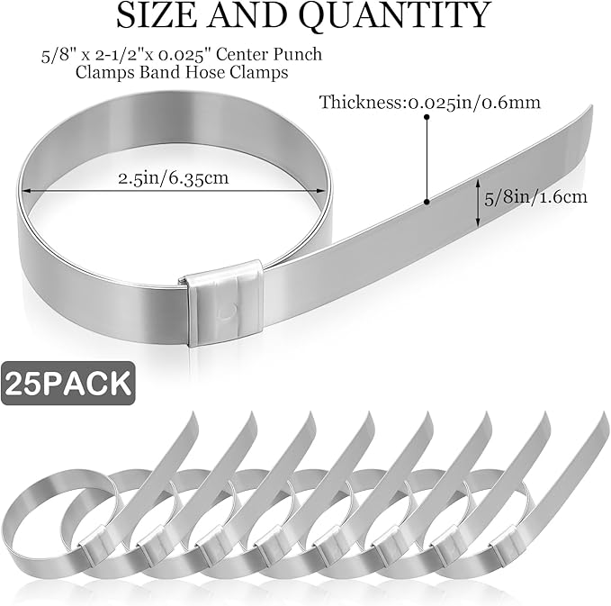 Duraaamo 25 Pack 5/8" Wide x 2-1/2" Diameter x 0.025" Thick Center Punch Clamps Band Hose Clamps 201 Stainless Steel Pre-formed for Hose Ducting Pipe Cable Management & More