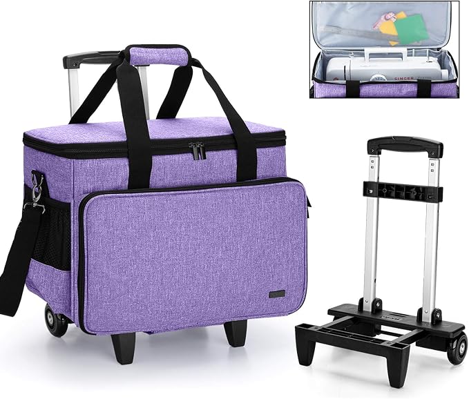 Yarwo Upgraded Rolling Sewing Machine Carrying Case, Detachable Trolley Tote Bag with Removable Bottom Board and Thickened Trailer Leg for Most Standard Sewing Machine and Accessories, Purple