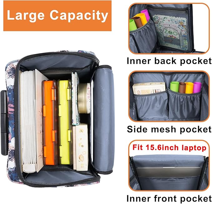 YOREPEK Large Rolling Craft Bag Wheels, Briefcase Gift for Crafter Teacher | Roller Scrapbook Tote, Water Resistant Scrapbooking Rolling Briefcase for Scrap Book Stickers Supplies and Tools, Floral