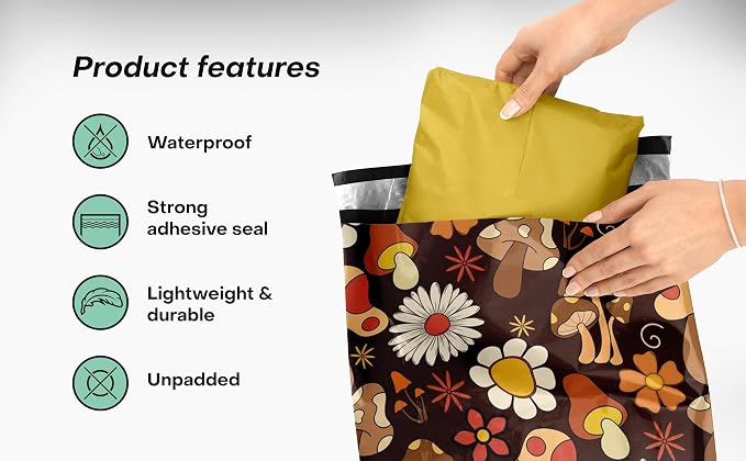 Package Mint 10x13 Poly Mailers - 100 Pack Cottagecore Mushrooms Design Poly Mailer Shipping Bags - Waterproof, Tear-Resistant, Self-Sealing Adhesive Mailing Bags for Clothes and Accessories