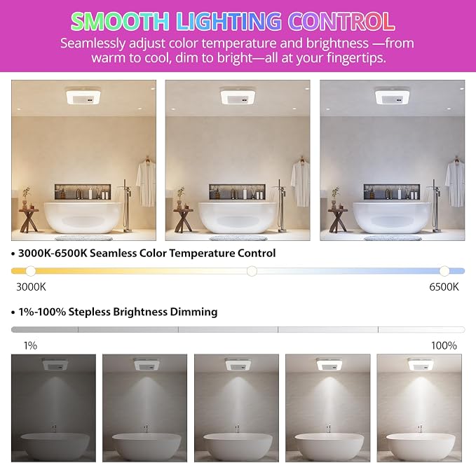 VallisCo Bathroom Exhaust Fan with Bluetooth Speaker, RGB Light & Remote, 230 CFM Quiet Ceiling Fan, 3 Dynamic RGB Lighting, 3000K–6000K Dimmable, Nightlight, Dual Installation