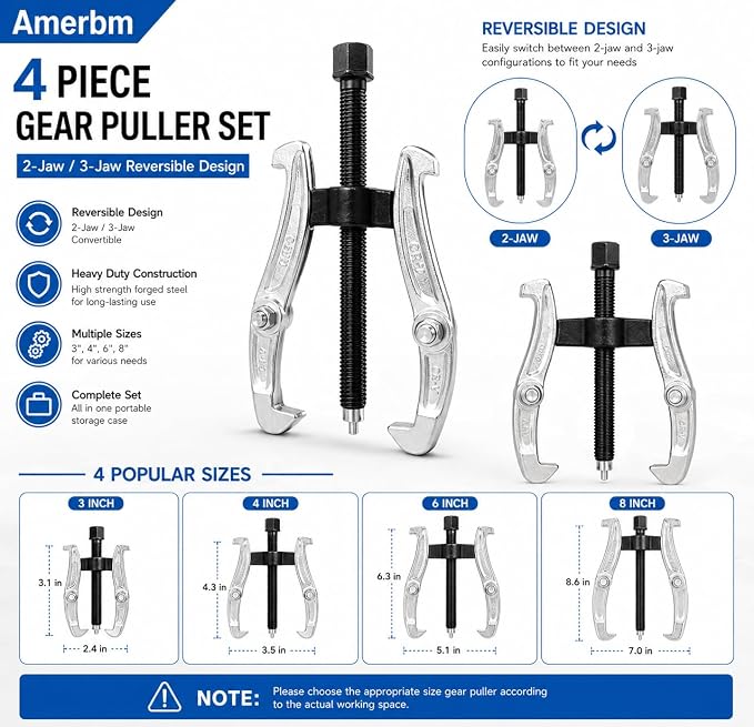 4-Piece Gear Puller Set, Heavy Duty 2 and 3 Legged Hub Pulley Puller Bearing Separator Kit (3" 4" 6" 8") for Removing Flywheels, Sprockets, Ball Races and Gears - Pro Mechanical Removal Tools