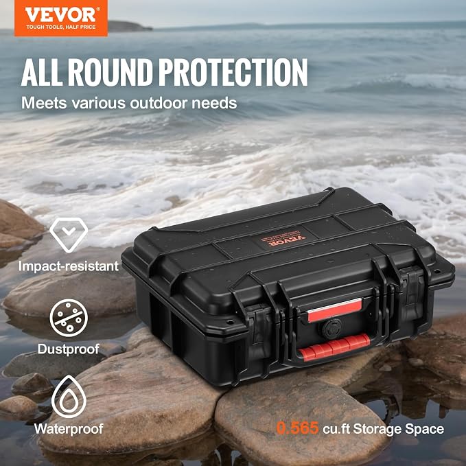 VEVOR Weatherproof Hard Case, Heavy Duty Protective Dry Box with Pre-cut Foam, Retractable Pull Handles for Travel, Hunting, Military, Tactical, IP67 Waterproof Case for Cameras(14.96x11.81x5.51)