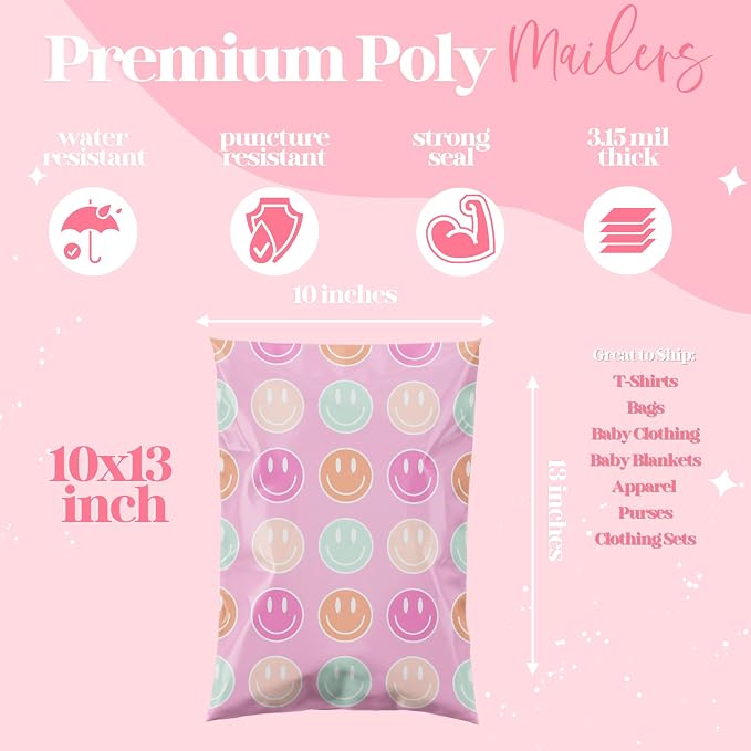 Pretty Package Store Designer Poly Mailers 14.5x19, Smiley Face, 100 Pack | Heavy Duty, Waterproof, Self Seal, Tear Resistant, Shipping Bags for Small Business Packaging, Bulk Mailing Envelopes