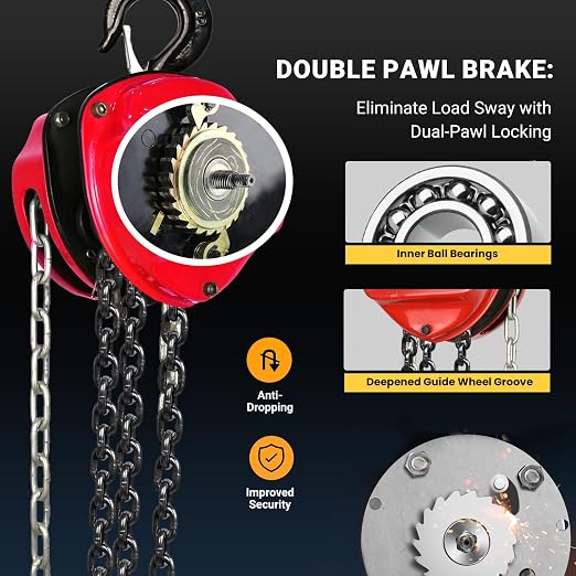 1 Ton Hand Chain Hoist 2200 Lbs Capacity 20ft Lift Manual Come Along Winch with G80 Steel Chain & Dual Hooks for Engine Lift, Warehouses, Automotive, Machinery