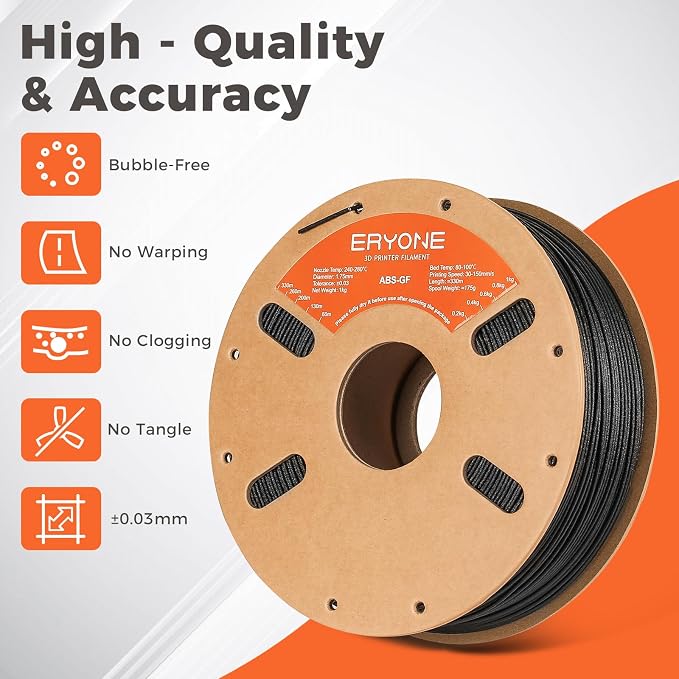 ERYONE ABS Filament, ABS+ 3D Printer Filament 1.75mm +/- 0.03mm, Heat Resistant, High Toughness & Impact Resistance, 1kg (2.2LBS)/Spool, ABS Glass Fiber Black