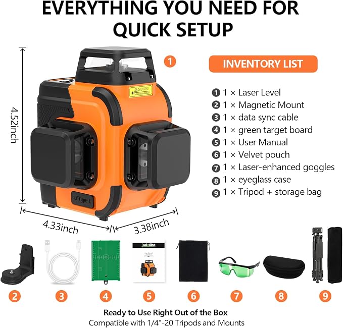 3x360° Lasers Level 2 Second Self Leveling with Tripod– Pro Grade | 12-line 3x360° green laser level with tripod, 4000mAh rechargeable battery, self-leveling, slope mode & durable housing.