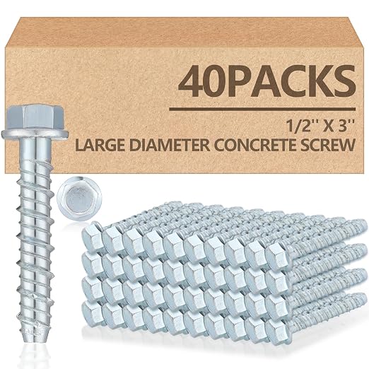 Tandefio 40 Pack 1/2" x 3" Galvanized Concrete Anchors and Screws Kit Large Diameter Concrete Heavy Duty Plated Hex Head Screw for Anchoring Masonry Brick Block Stucco Cement